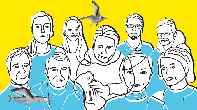 A drawing of a group of nine science team members and a chicken atop a plain yellow background. There is a gull at the top of the image and a flying fish at the bottom.